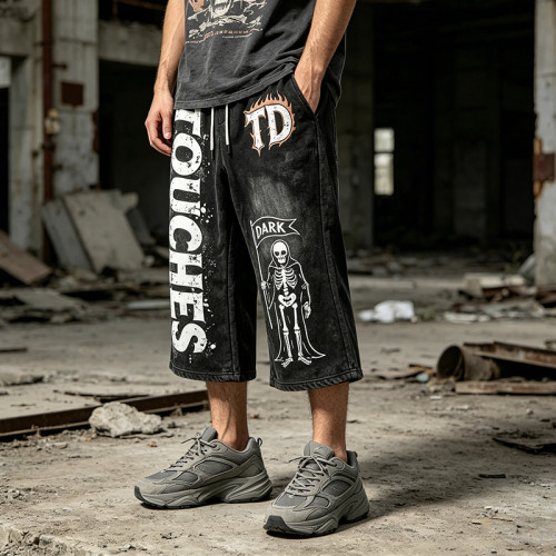 Washed Screen Print Spray Dye Vintage Cropped Flare Sweatpants | TD Skull Graphic Drawstring Street Pants | Custom Streetwear