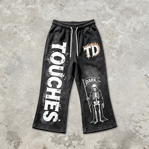 Washed Screen Print Spray Dye Vintage Cropped Flare Sweatpants | TD Skull Graphic Drawstring Street Pants | Custom Streetwear