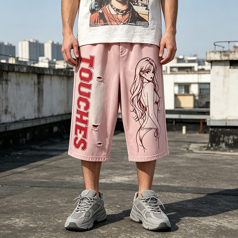 Screen Print Applique Distressed Ripped Spray Dye Pants
