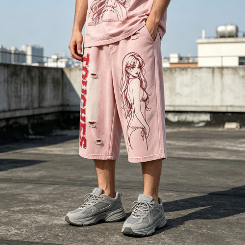 Screen Print Applique Distressed Ripped Spray Dye Pants | 100% Cotton Vintage Washed Cropped Pants | OEM Streetwear