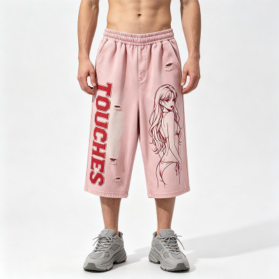 Screen Print Applique Distressed Ripped Spray Dye Pants | 100% Cotton Vintage Washed Cropped Pants | OEM Streetwear