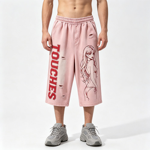 Screen Print Applique Distressed Ripped Spray Dye Pants | 100% Cotton Vintage Washed Cropped Pants | OEM Streetwear