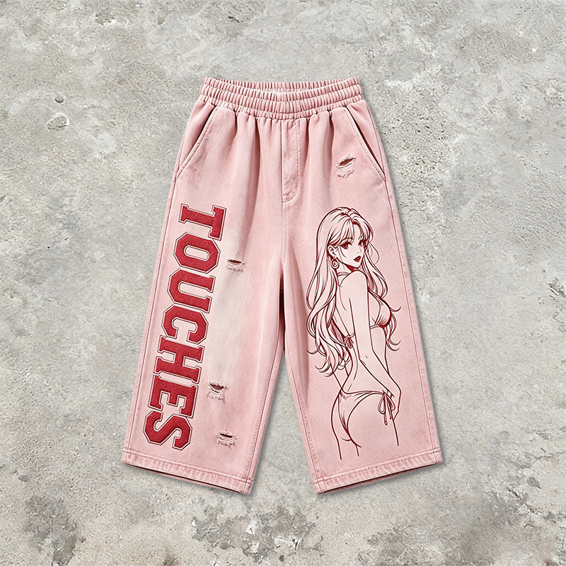 Screen Print Applique Distressed Ripped Spray Dye Pants