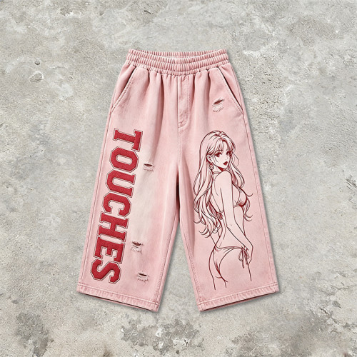 Screen Print Applique Distressed Ripped Spray Dye Pants | 100% Cotton Vintage Washed Cropped Pants | OEM Streetwear