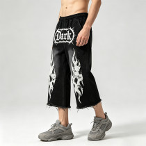 Washed Screen Print Spray Dye Capri Pants | Gothic Dark Flame Graphic Abrade Street Pants | Custom Streetwear