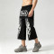 Washed Screen Print Spray Dye Capri Pants | Gothic Dark Flame Graphic Abrade Street Pants | Custom Streetwear