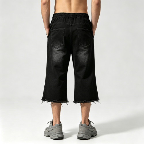 Washed Screen Print Spray Dye Capri Pants | Gothic Dark Flame Graphic Abrade Street Pants | Custom Streetwear