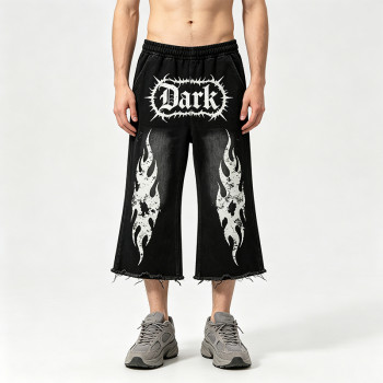 Washed Screen Print Spray Dye Capri Pants | Gothic Dark Flame Graphic Abrade Street Pants | Custom Streetwear
