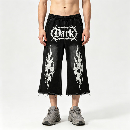 Washed Screen Print Spray Dye Capri Pants | Gothic Dark Flame Graphic Abrade Street Pants | Custom Streetwear