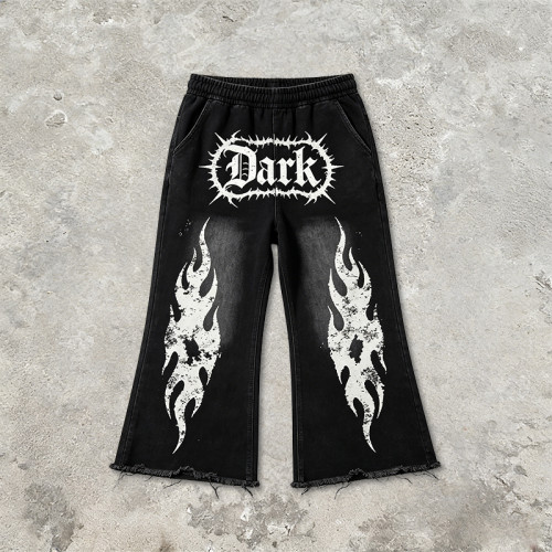 Washed Screen Print Spray Dye Capri Pants | Gothic Dark Flame Graphic Abrade Street Pants | Custom Streetwear