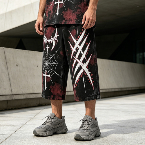 Hand-Painted Wash Spray Dye Vintage Capri Pants | Spider Web Cross Gothic Loose Drawstring Pants | Clothing Manufacturer