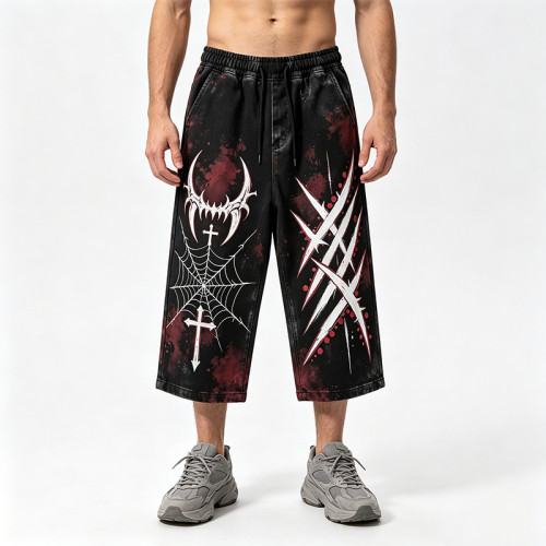 Hand-Painted Wash Spray Dye Vintage Capri Pants | Spider Web Cross Gothic Loose Drawstring Pants | Clothing Manufacturer