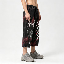 Hand-Painted Wash Spray Dye Vintage Capri Pants | Spider Web Cross Gothic Loose Drawstring Pants | Clothing Manufacturer