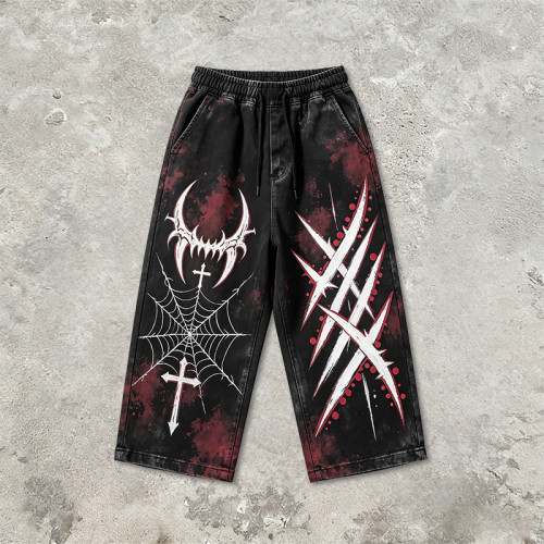 Hand-Painted Wash Spray Dye Vintage Capri Pants | Spider Web Cross Gothic Loose Drawstring Pants | Clothing Manufacturer