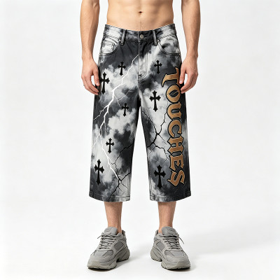 Washed Cross Applique DTG Print with Rivet Pants | Spray Dye Cropped Gothic Lightning Pants | OEM Streetwear