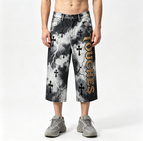 Washed Cross Applique DTG Print with Rivet Pants | Spray Dye Cropped Gothic Lightning Pants | OEM Streetwear