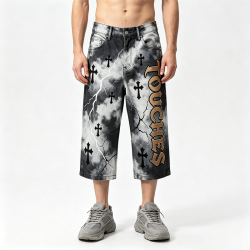 Washed Cross Applique DTG Print with Rivet Pants | Spray Dye Cropped Gothic Lightning Pants | OEM Streetwear