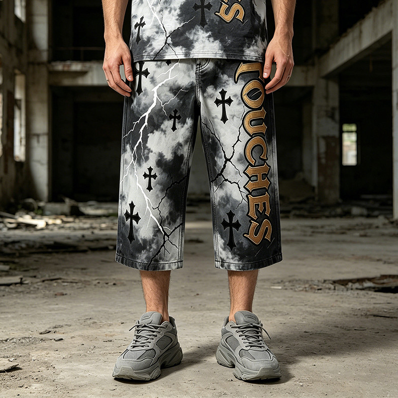 Washed Cross Applique DTG Print with Rivet Pants