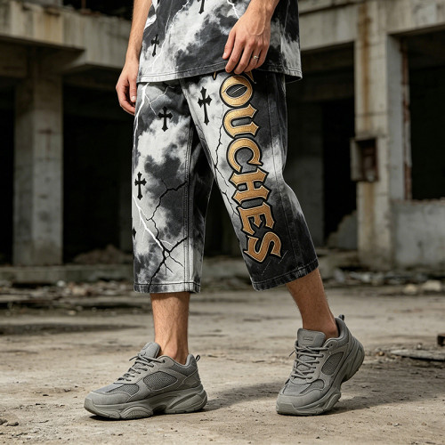 Washed Cross Applique DTG Print with Rivet Pants | Spray Dye Cropped Gothic Lightning Pants | OEM Streetwear