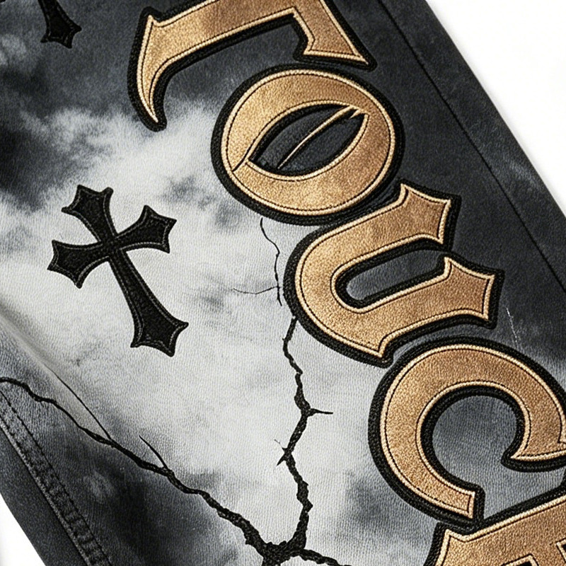 Washed Cross Applique DTG Print with Rivet Pants