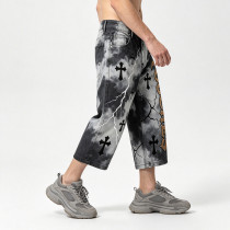 Washed Cross Applique DTG Print with Rivet Pants | Spray Dye Cropped Gothic Lightning Pants | OEM Streetwear