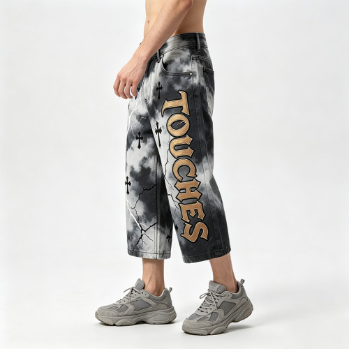 Washed Cross Applique DTG Print with Rivet Pants | Spray Dye Cropped Gothic Lightning Pants | OEM Streetwear
