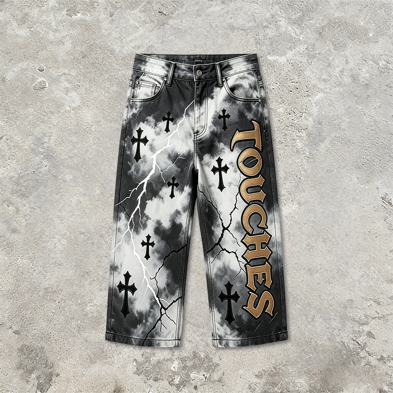 Washed Cross Applique DTG Print with Rivet Pants