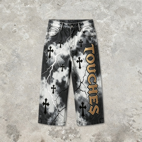 Washed Cross Applique DTG Print with Rivet Pants | Spray Dye Cropped Gothic Lightning Pants | OEM Streetwear