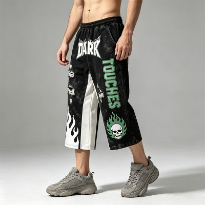 Vintage Washed Patchwork Cropped Pants | Applique Screen Print Belt Streetwear | Custom Streetwear