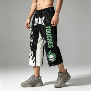 Vintage Washed Patchwork Cropped Pants | Applique Screen Print Belt Streetwear | Custom Streetwear