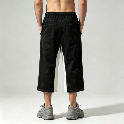 Vintage Washed Patchwork Cropped Pants | Applique Screen Print Belt Streetwear | Custom Streetwear