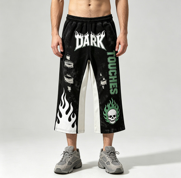 Vintage Washed Patchwork Cropped Pants | Applique Screen Print Belt Streetwear | Custom Streetwear