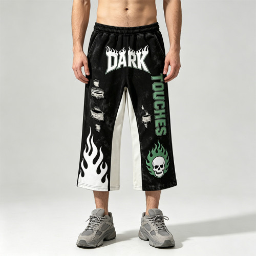 Vintage Washed Patchwork Cropped Pants | Applique Screen Print Belt Streetwear | Custom Streetwear