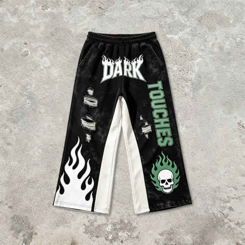 Vintage Washed Patchwork Cropped Pants | Applique Screen Print Belt Streetwear | Custom Streetwear