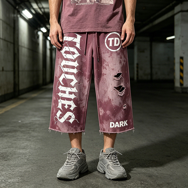 Rhinestone Distressed Ripped Spray Dye Pants