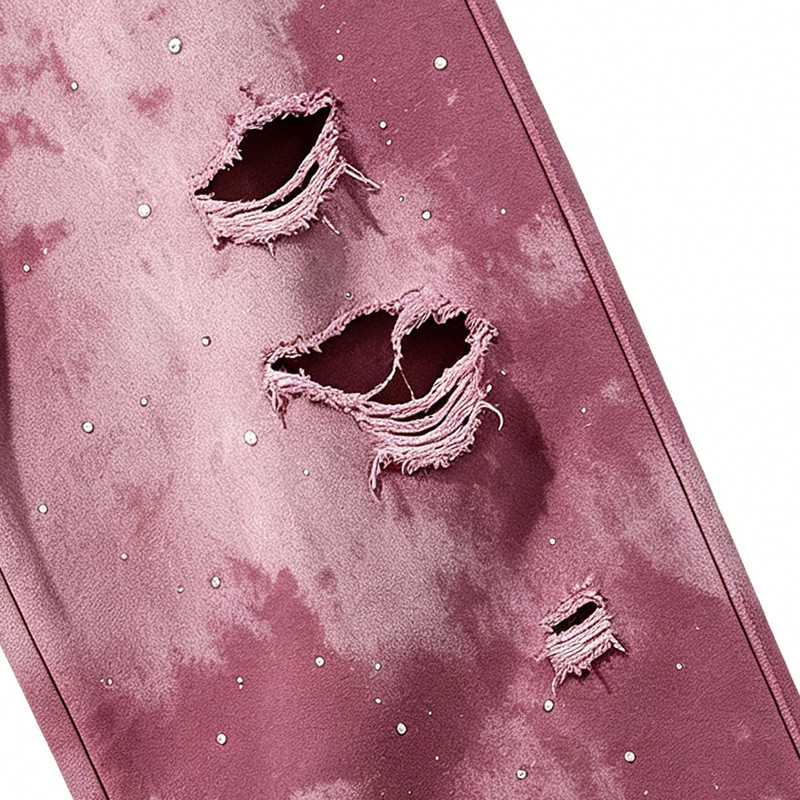 Rhinestone Distressed Ripped Spray Dye Pants