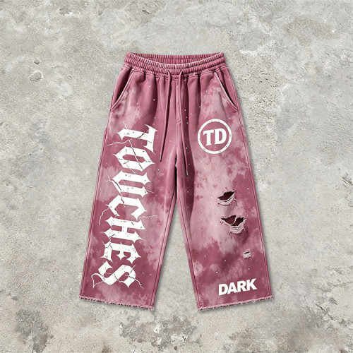 Rhinestone Distressed Ripped Spray Dye Pants | Screen Print Vintage Cropped Pants | Custom Streetwear
