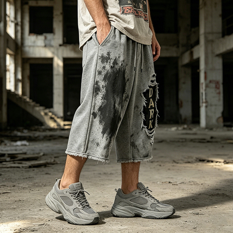 Distressed Ripped Washed Spray Dye DTG Print Pants