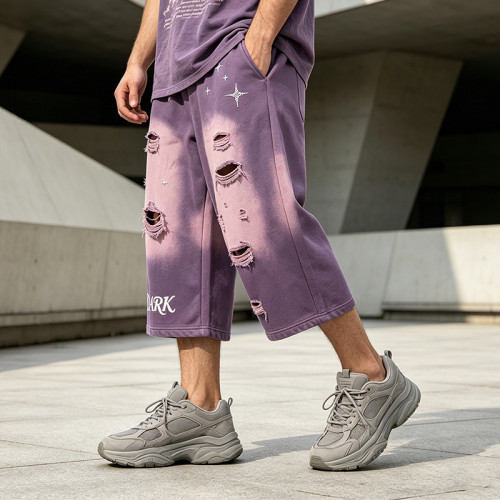 Acid Wash Spray Dye Ripped Rhinestone Embroidery Star Pants | Vintage Cropped Pants | Custom Streetwear