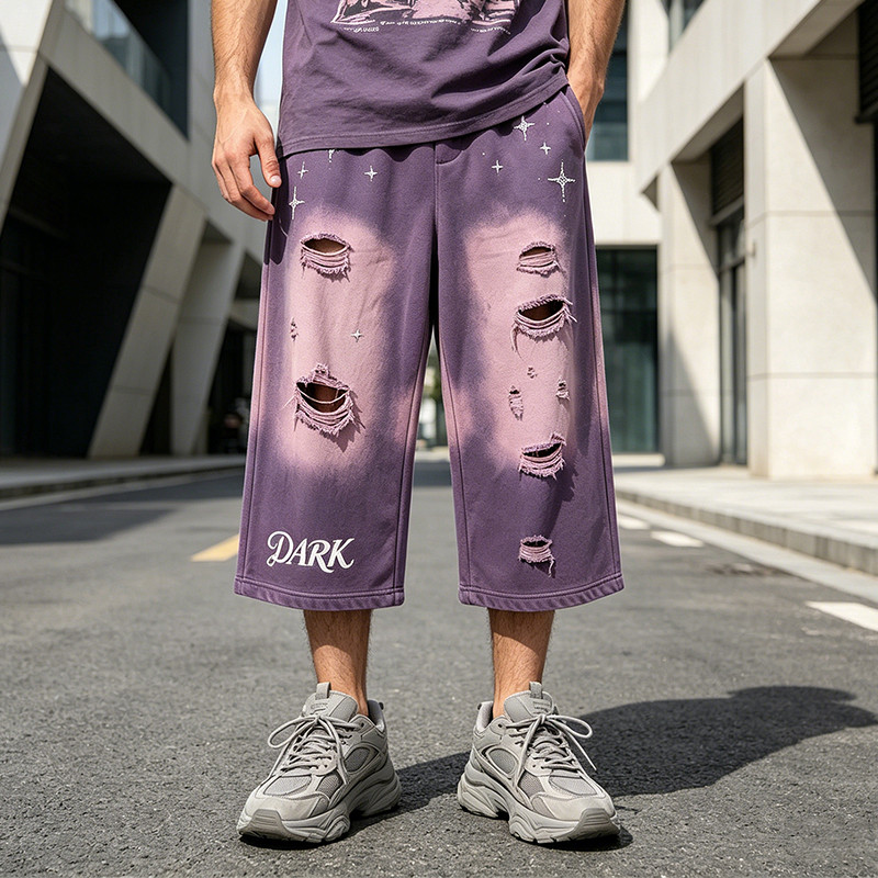 Acid Wash Spray Dye Ripped Rhinestone Embroidery Star Pants