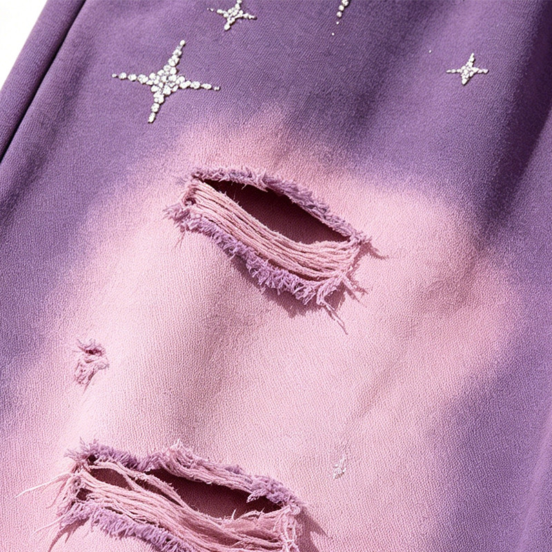 Acid Wash Spray Dye Ripped Rhinestone Embroidery Star Pants