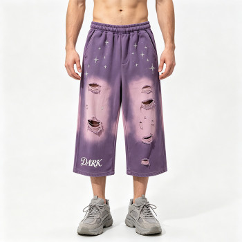Acid Wash Spray Dye Ripped Rhinestone Embroidery Star Pants | Vintage Cropped Pants | Custom Streetwear