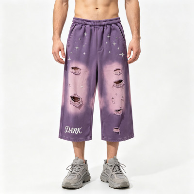 Acid Wash Spray Dye Ripped Rhinestone Embroidery Star Pants | Vintage Cropped Pants | Custom Streetwear