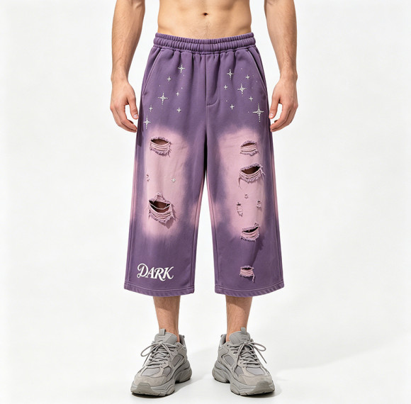 Acid Wash Spray Dye Ripped Rhinestone Embroidery Star Pants | Vintage Cropped Pants | Custom Streetwear