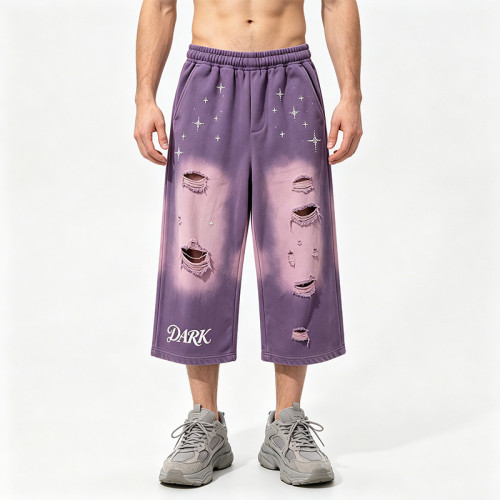 Acid Wash Spray Dye Ripped Rhinestone Embroidery Star Pants | Vintage Cropped Pants | Custom Streetwear