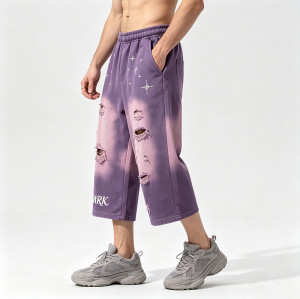 Acid Wash Spray Dye Ripped Rhinestone Embroidery Star Pants | Vintage Cropped Pants | Custom Streetwear
