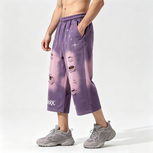 Acid Wash Spray Dye Ripped Rhinestone Embroidery Star Pants | Vintage Cropped Pants | Custom Streetwear