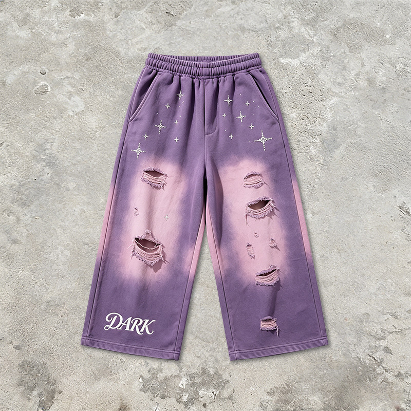 Acid Wash Spray Dye Ripped Rhinestone Embroidery Star Pants