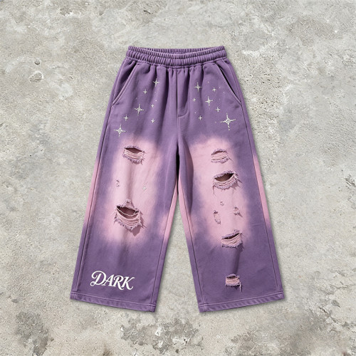 Acid Wash Spray Dye Ripped Rhinestone Embroidery Star Pants | Vintage Cropped Pants | Custom Streetwear