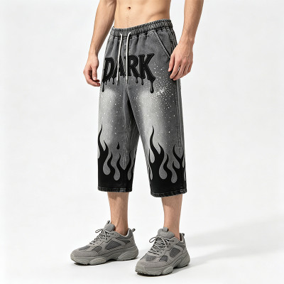 Applique Rhinestone Screen Print Washed Sprayed Dye Pants | Drip Flame Graphic Vintage Cropped pants | Custom Streetwear